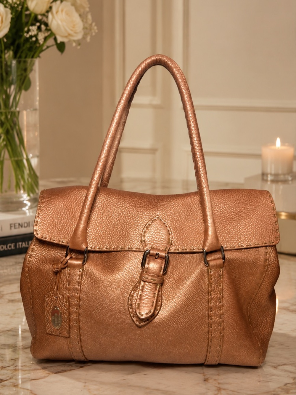 Fendi Selleria Linda Metallic Rose Gold Leather Satchel Bag Italy
